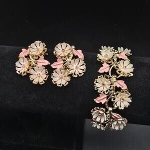 Arthur Pepper Pink Flower Jewelry Set Bracelet Earrings Soft Plastic Rhinestones